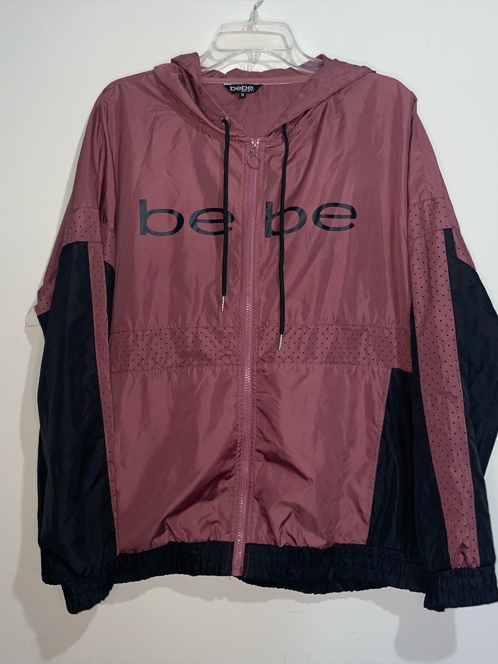 Bebe Maroon And Black 1X Wind Breaker Zip Up Hooded Drawstring Jacket